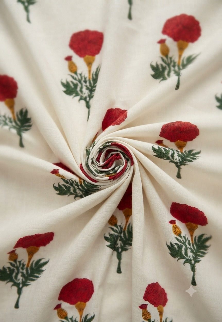 Red Marigold Hand Block Printed Pure Cotton Running Fabric