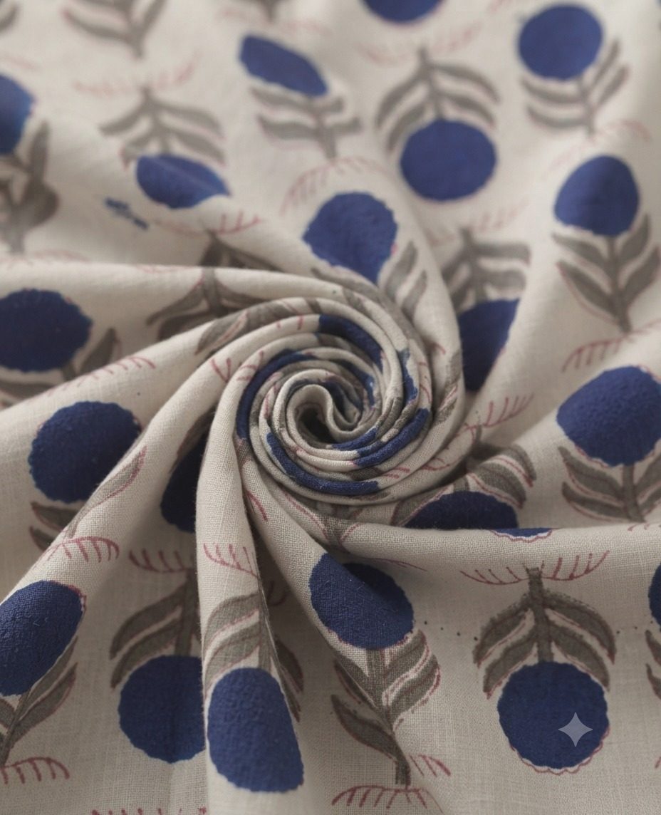 Heritage Indigo Motif Block Print Soft Cotton Fabric
